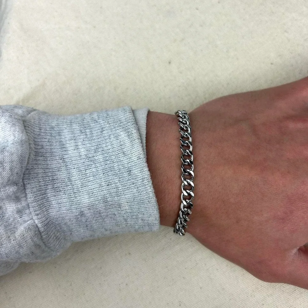 Vintage style stainless steel silver cuban link chain bracelet grunge punk 7mm